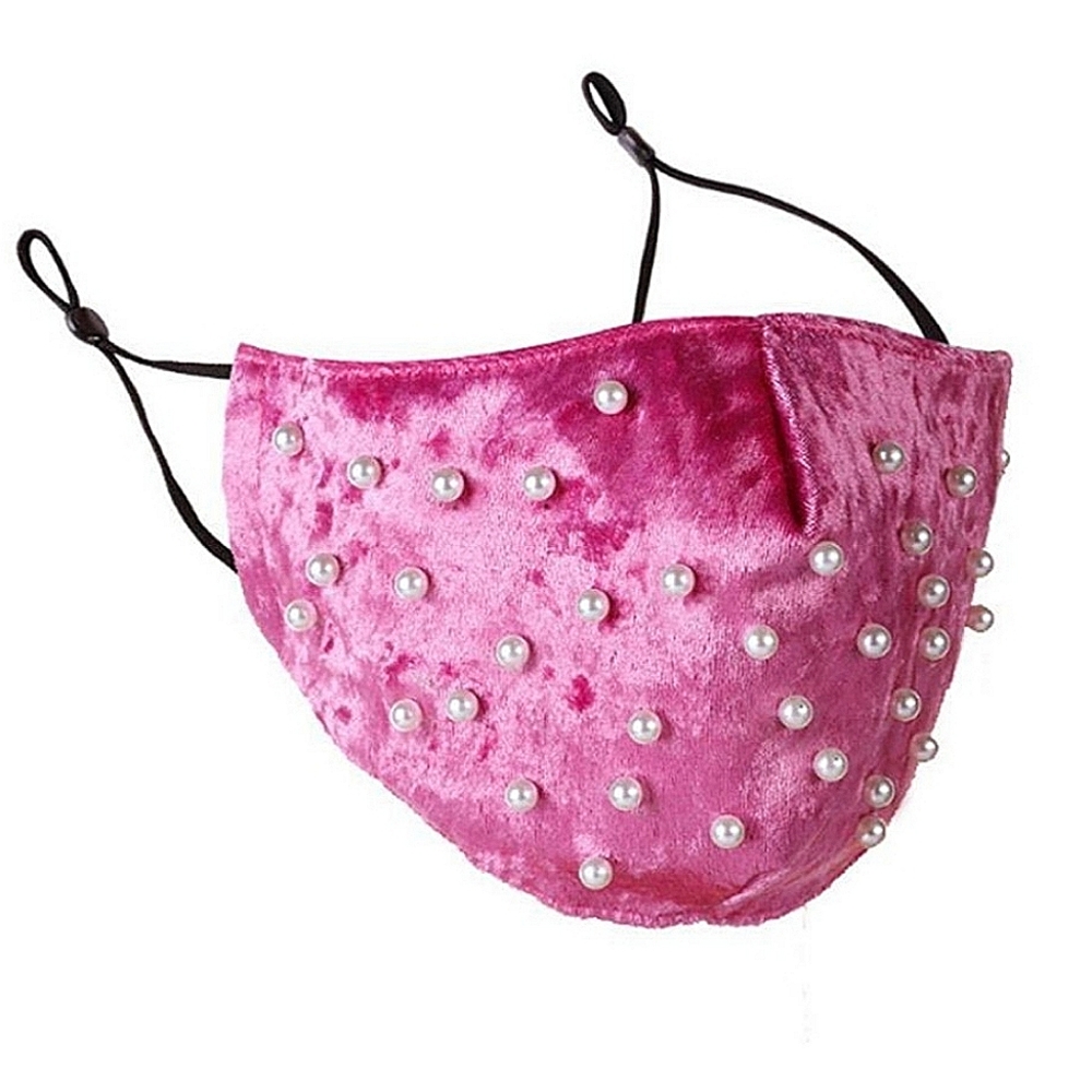 NWT Fuchsia Pink Velvet and Pearls Face Adjustable Mask .